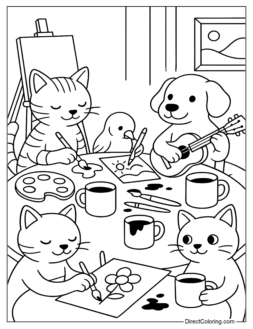Animals such as cats, dogs, and birds are getting creative in an artistic cafe, drinking coffee while drawing coloring
